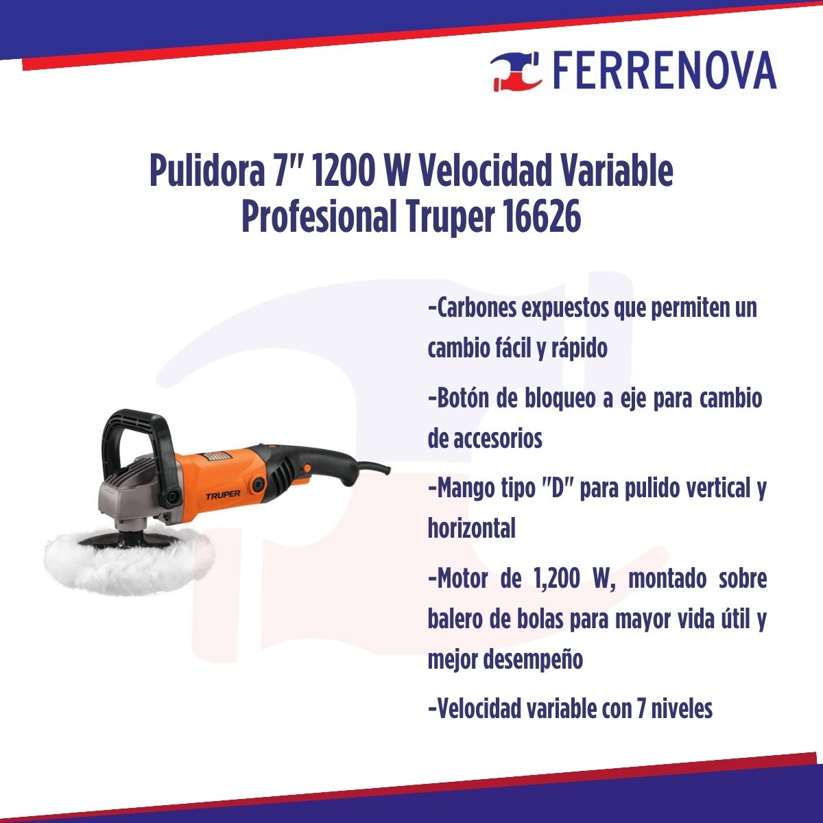 Pulidora 7" 1200 W Velocidad Variable Profesional Truper 16626