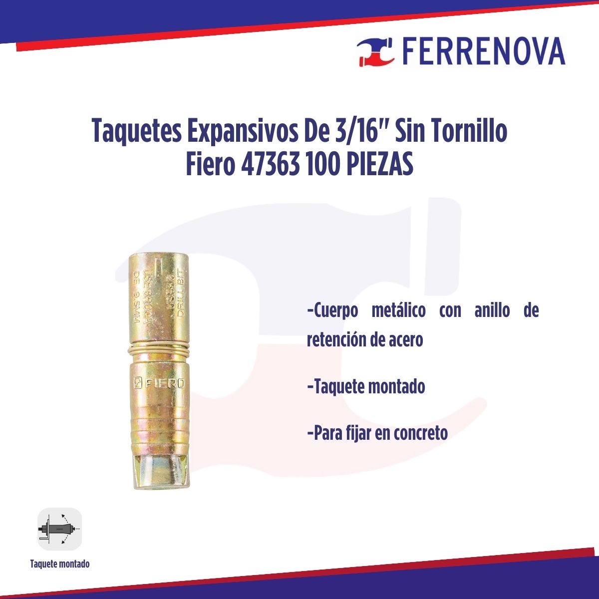Taquetes Expansivos De 3/16" Sin Tornillo  Fiero 47363 100 PIEZAS