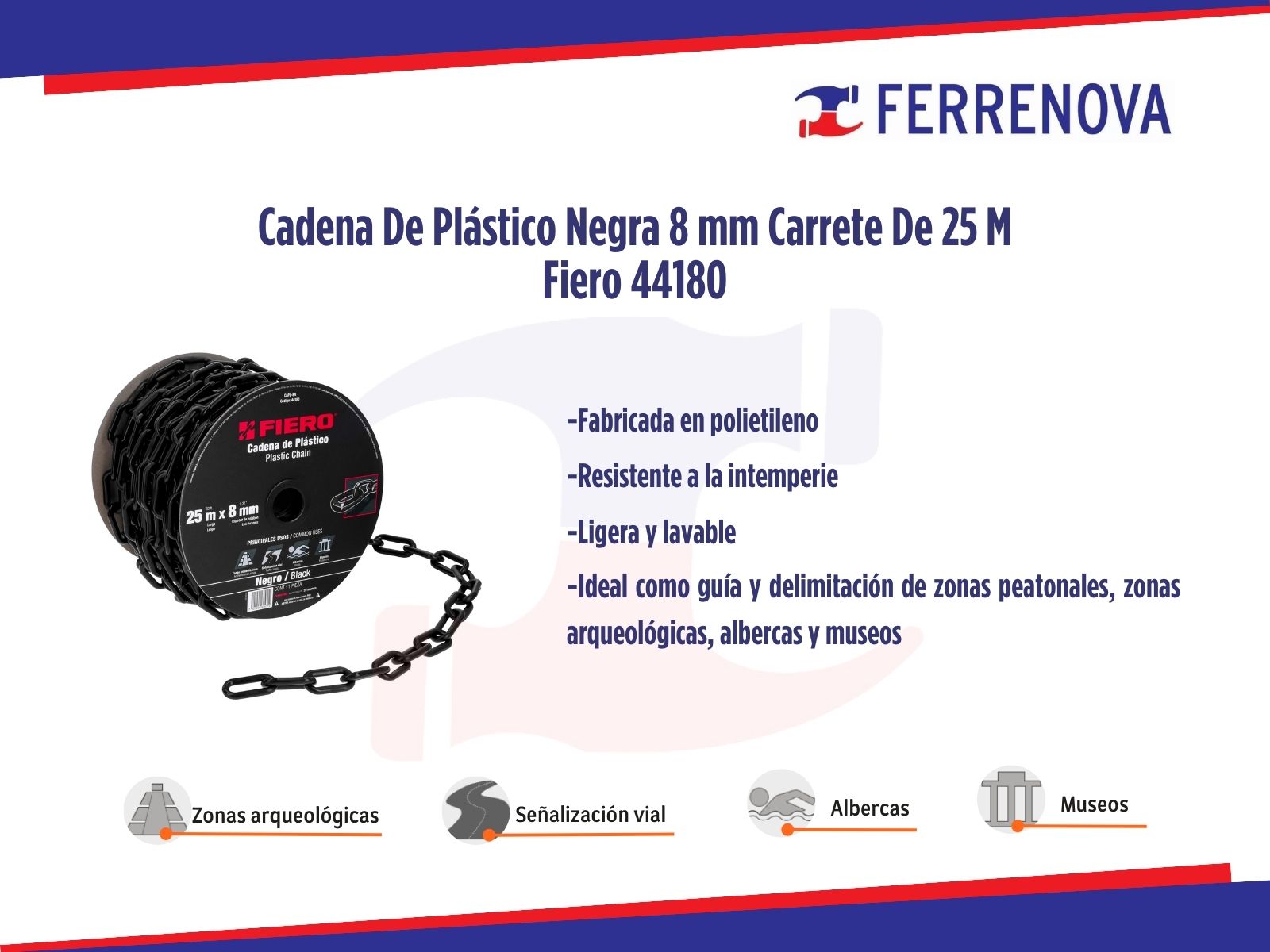 Cadena De Plástico Negra 8 mm Carrete De 25 M Fiero 44180