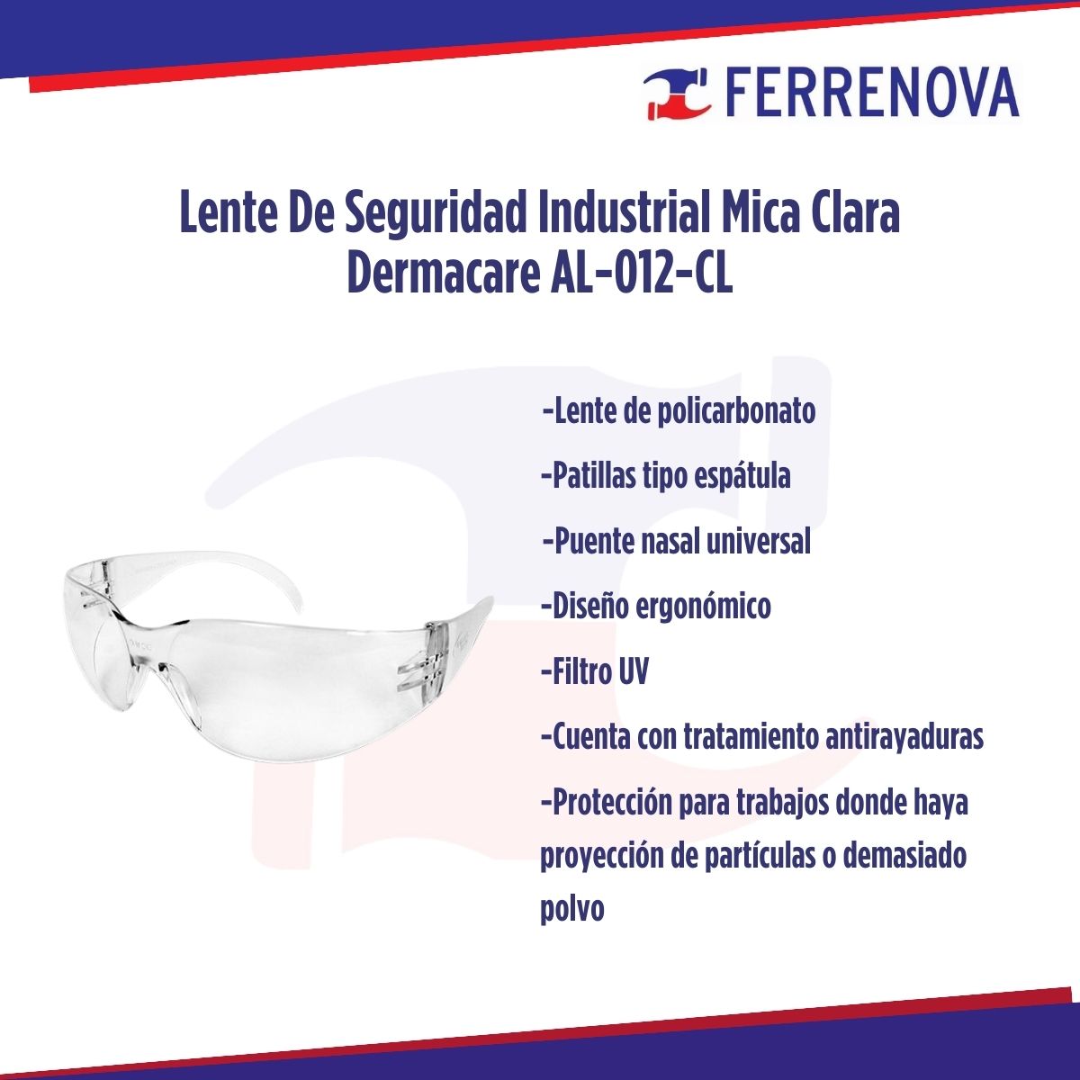 Lentes De Seguridad Industrial Mica Clara Dermacare AL-012-CL