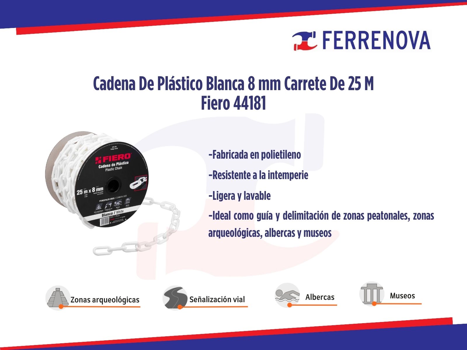 Cadena De Plástico Blanca 8 mm Carrete De 25 M Fiero 44181