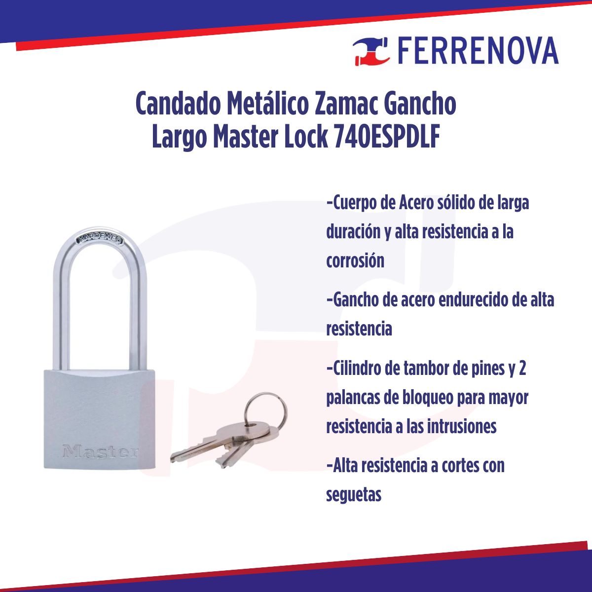 Candado Metálico Zamac Gancho Largo Master Lock 740ESPDLF