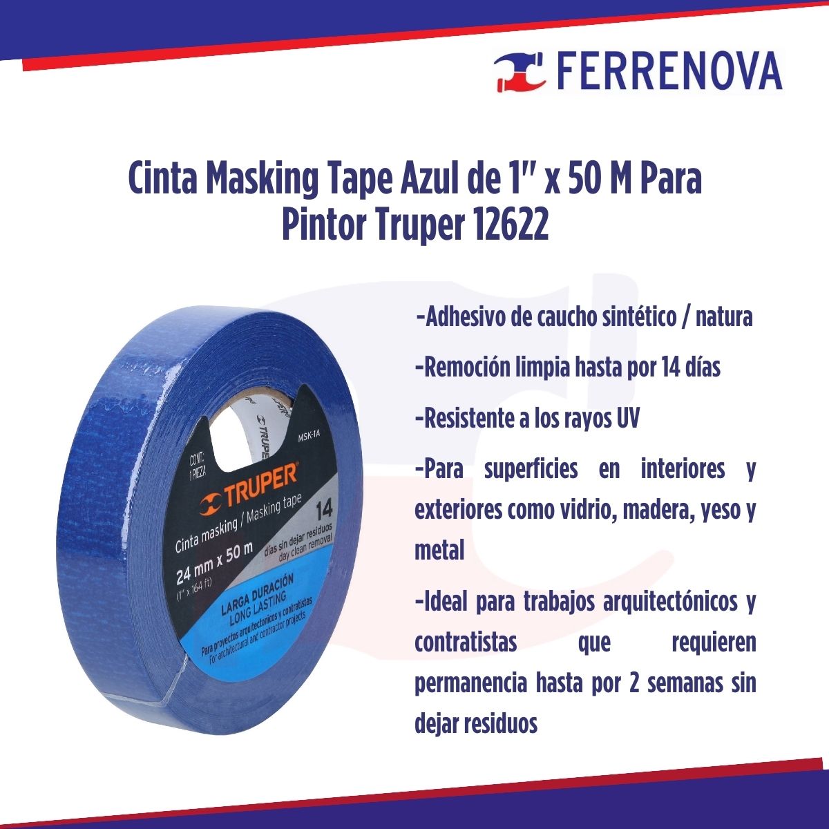 Cinta Masking Tape Azul De 1" x 50 M Para Pintor Truper 12622