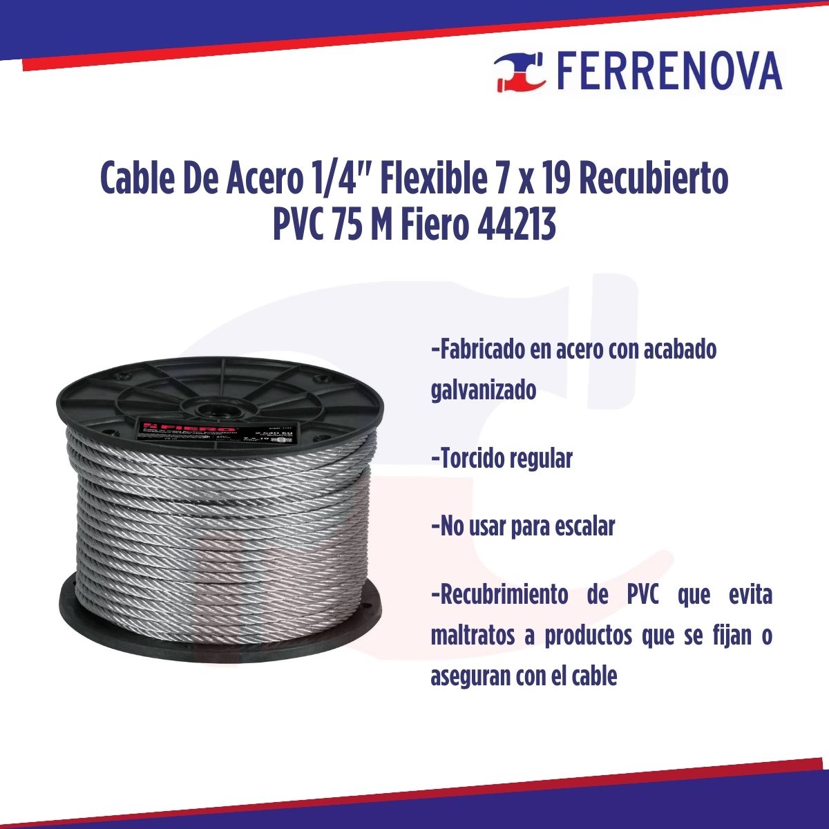 Cable De Acero 1/4" Flexible 7x19 Recubierto PVC 75 M Fiero 44213