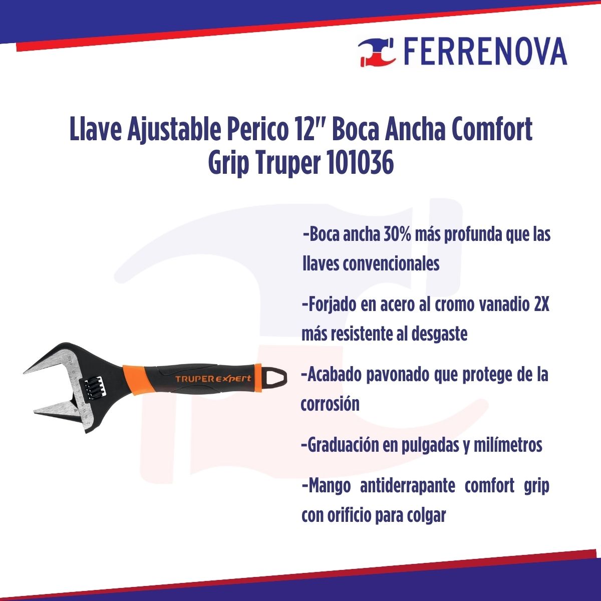 Llave Ajustable Perico 12" Boca Ancha Comfort Grip Truper 101036