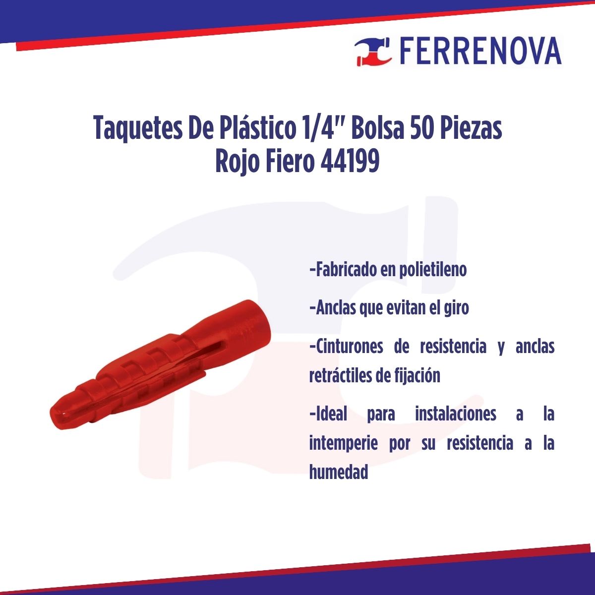Taquetes De Plástico 1/4" Bolsa 50 Piezas Rojo Fiero 44199