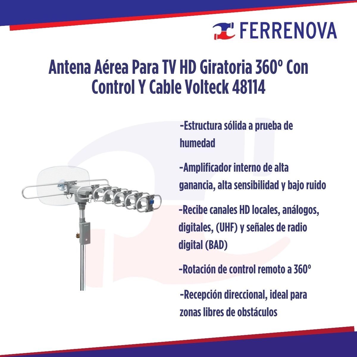 Antena Aérea Para TV HD Giratoria 360° Con Control Y Cable Volteck 48114