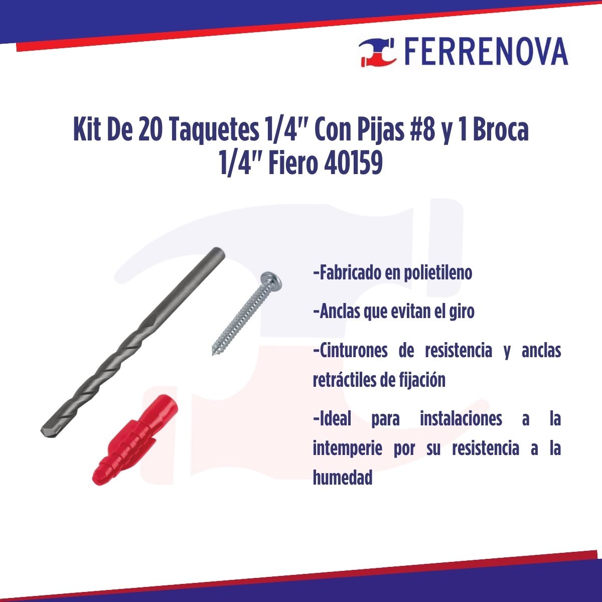 Kit De 20 Taquetes 1/4" Con Pijas #8 Y 1 Broca 1/4" Fiero 40159