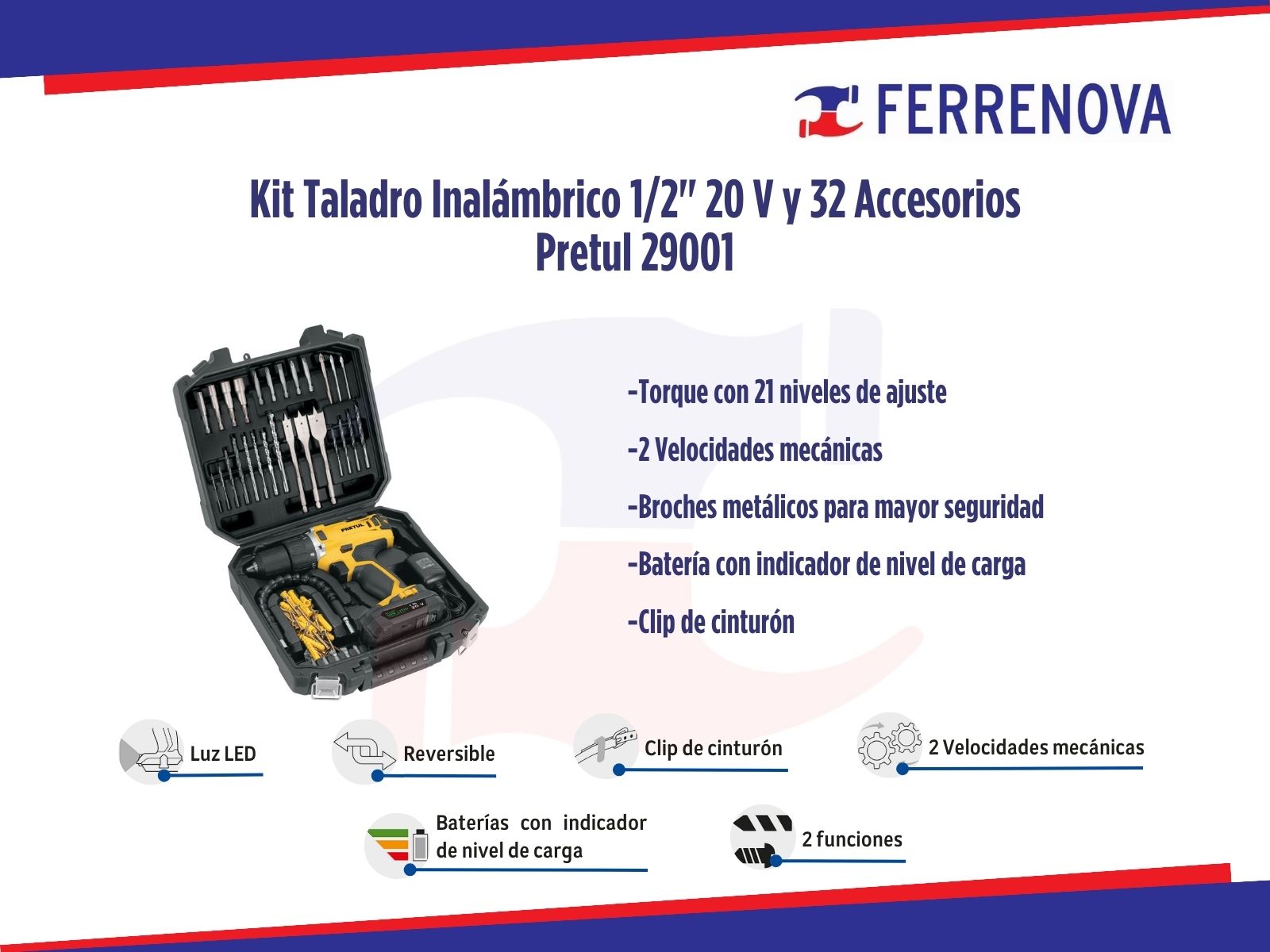 Kit Taladro Inalámbrico 1/2" 20 V y 32 Accesorios Pretul 29001