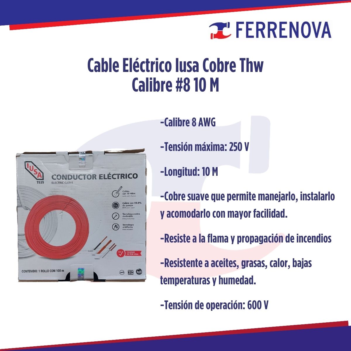 Cable Eléctrico De Cobre Thw Calibre 8 Rollo 10 M Iusa