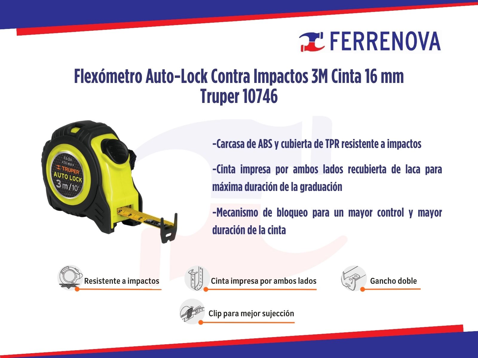 Flexómetro Auto-Lock Contra Impactos 3M Cinta 16 mm Truper 10746