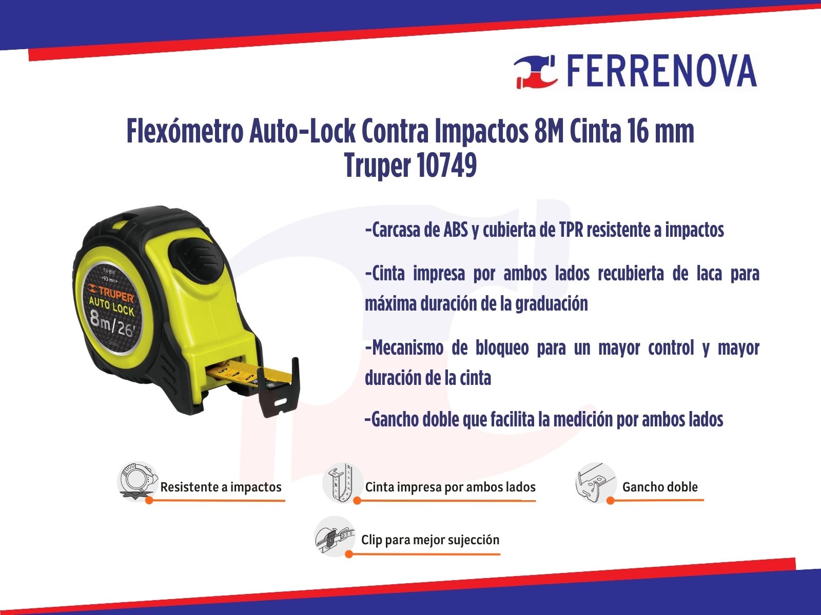 Flexómetro Auto-Lock Contra Impactos 8M Cinta 16 mm Truper 10749