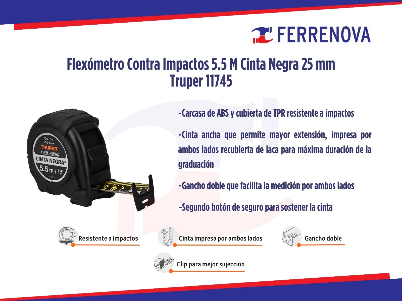 Flexómetro Contra Impactos 5.5 M Cinta Negra 25 mm Truper 11745