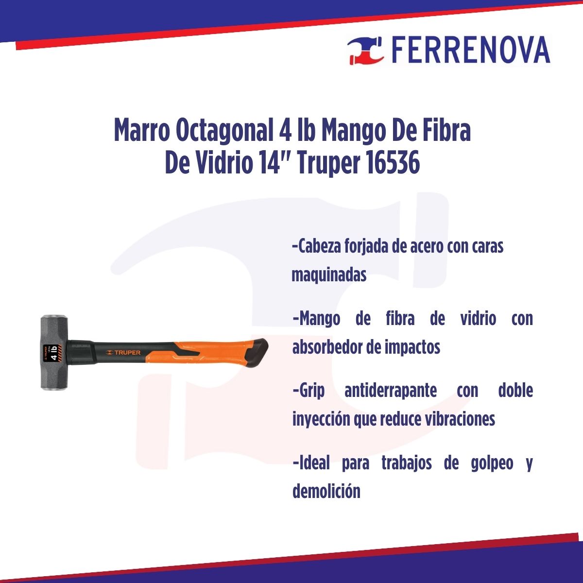 Marro Octagonal 4lb Mango De Fibra De Vidrio 14" Truper 16536