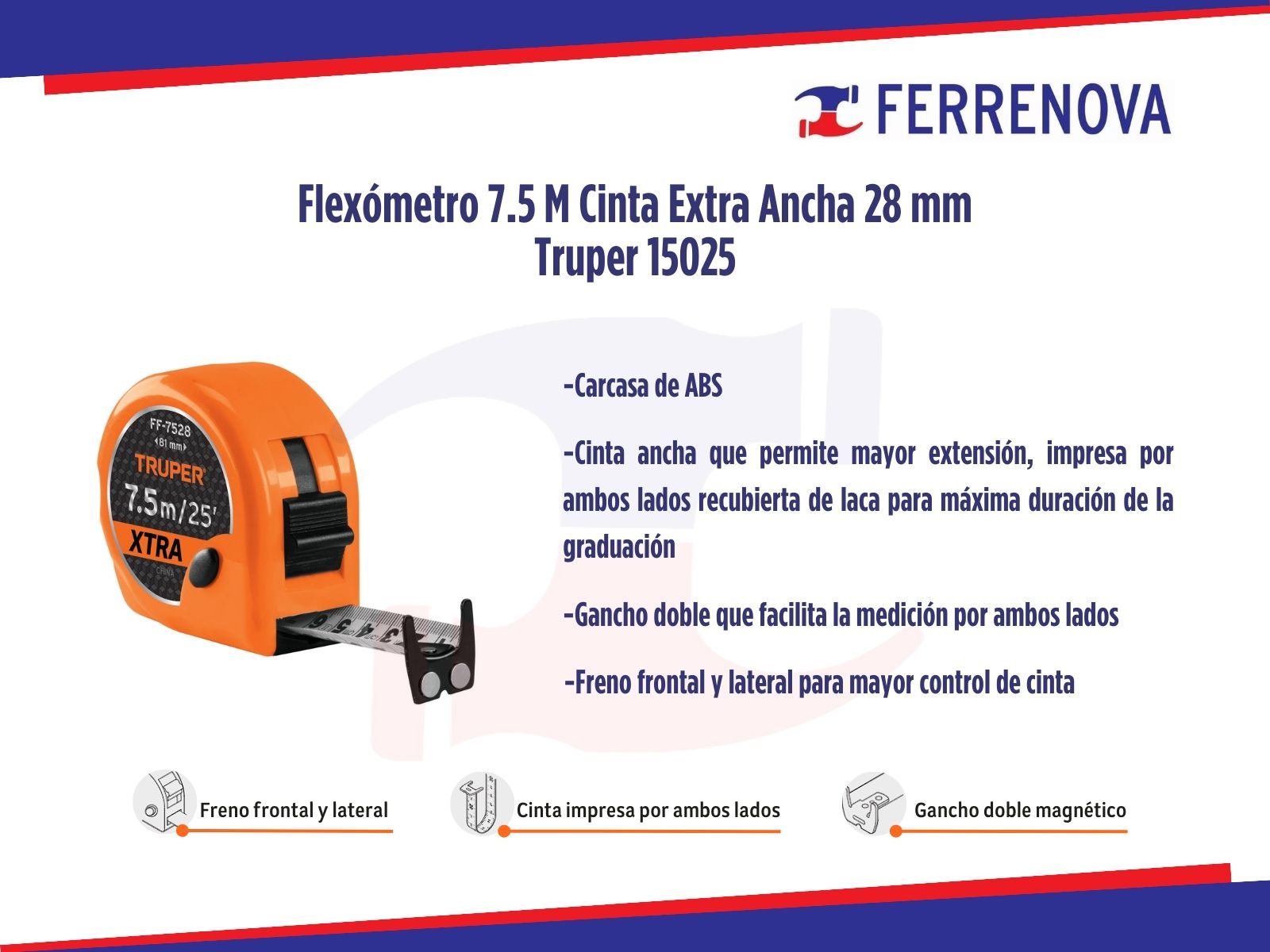 Flexómetro 7.5 M Cinta Extra Ancha 28 mm Truper 15025