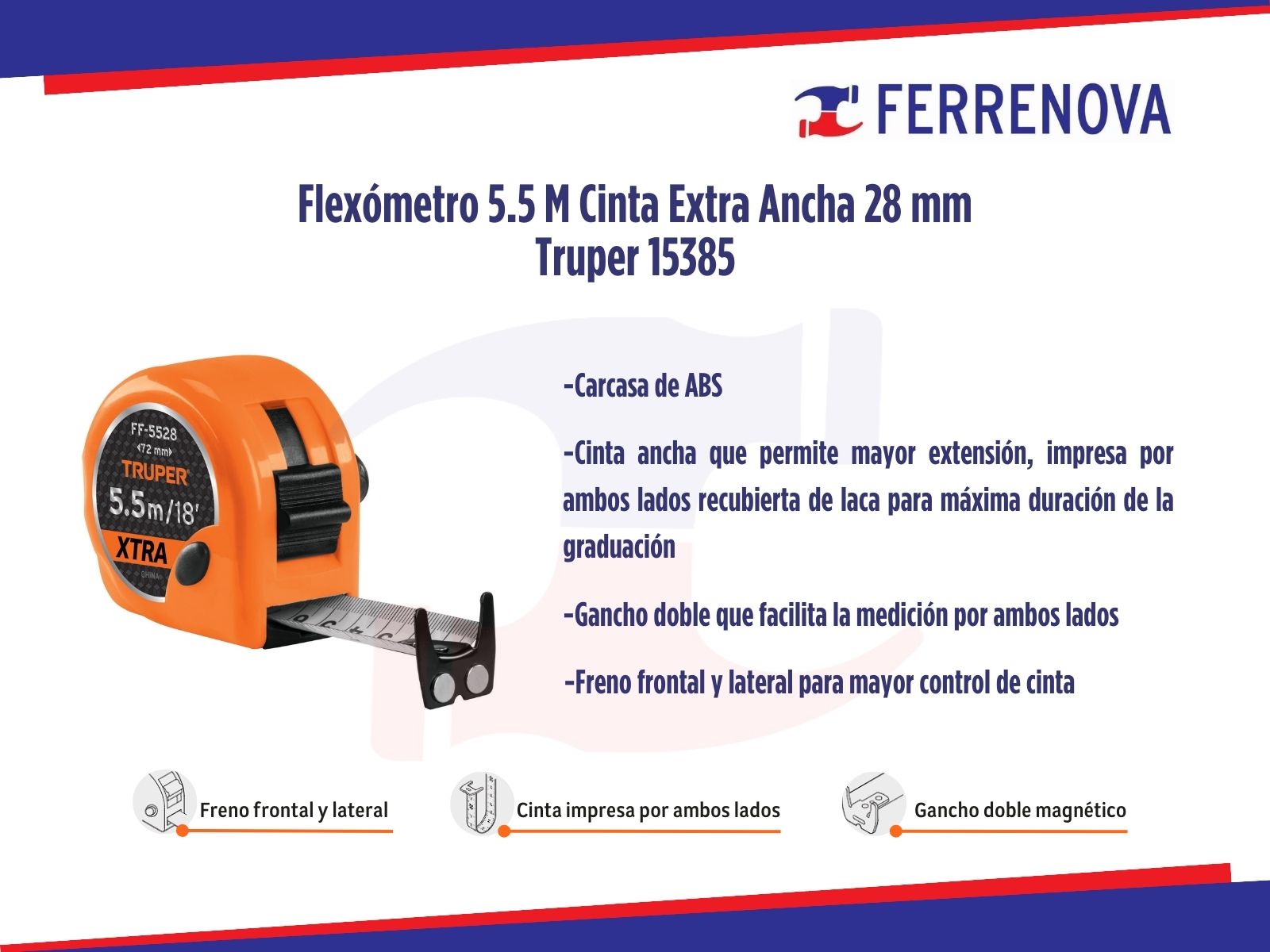 Flexómetro 5.5 M Cinta Extra Ancha 28 mm Truper 15385
