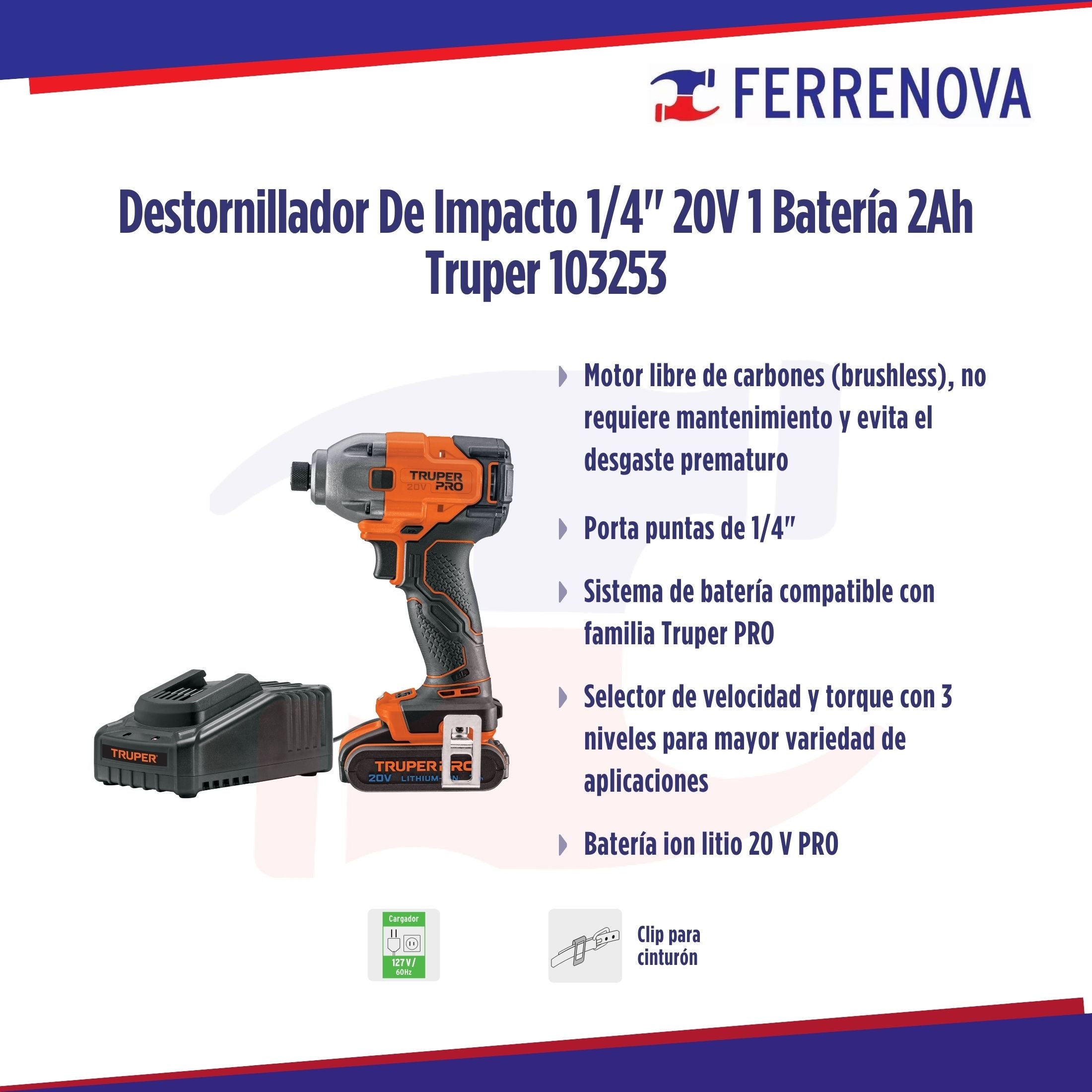 Destornillador De Impacto 1/4" 20V 1 Batería 2Ah Truper 103253
