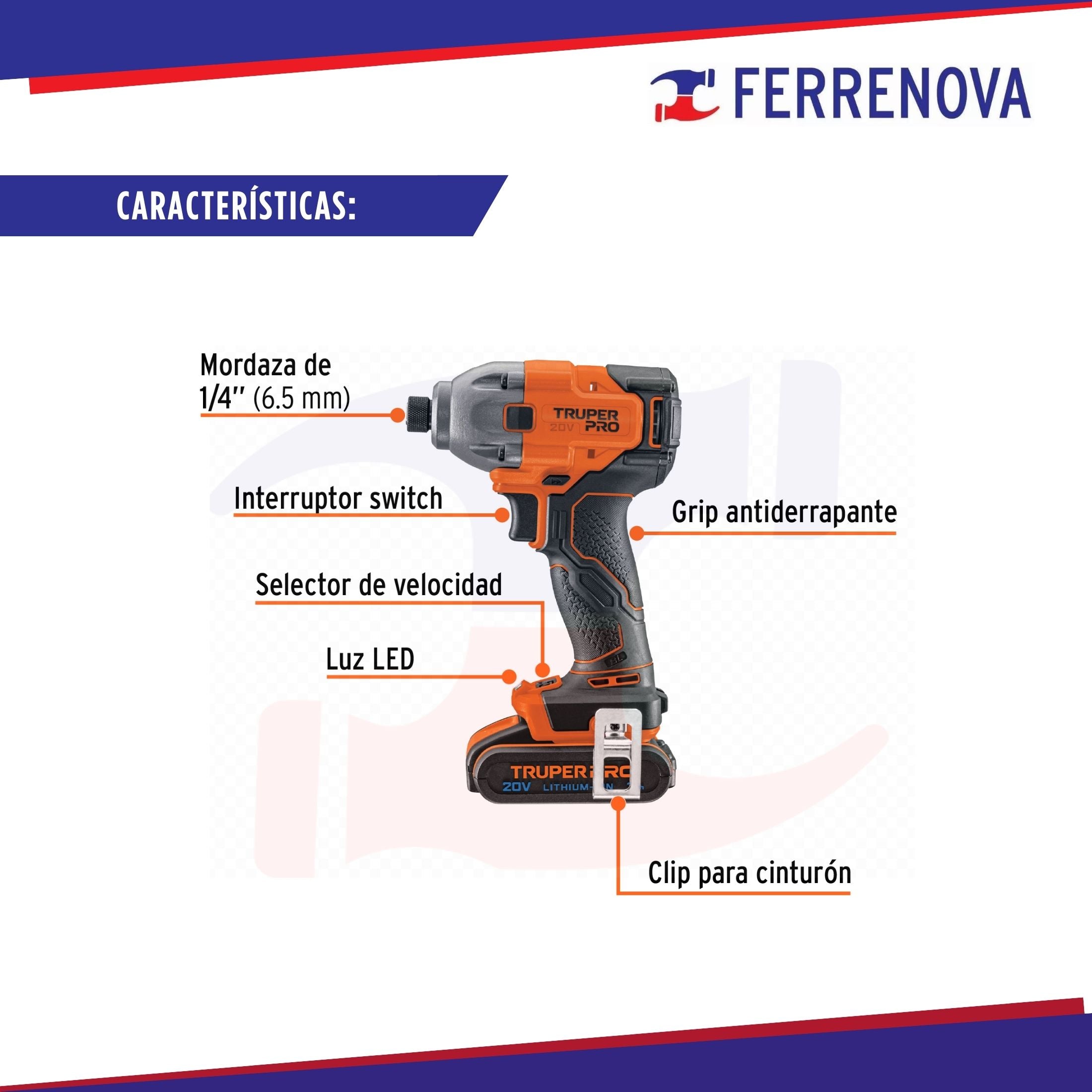 Destornillador De Impacto 1/4" 20V 1 Batería 2Ah Truper 103253