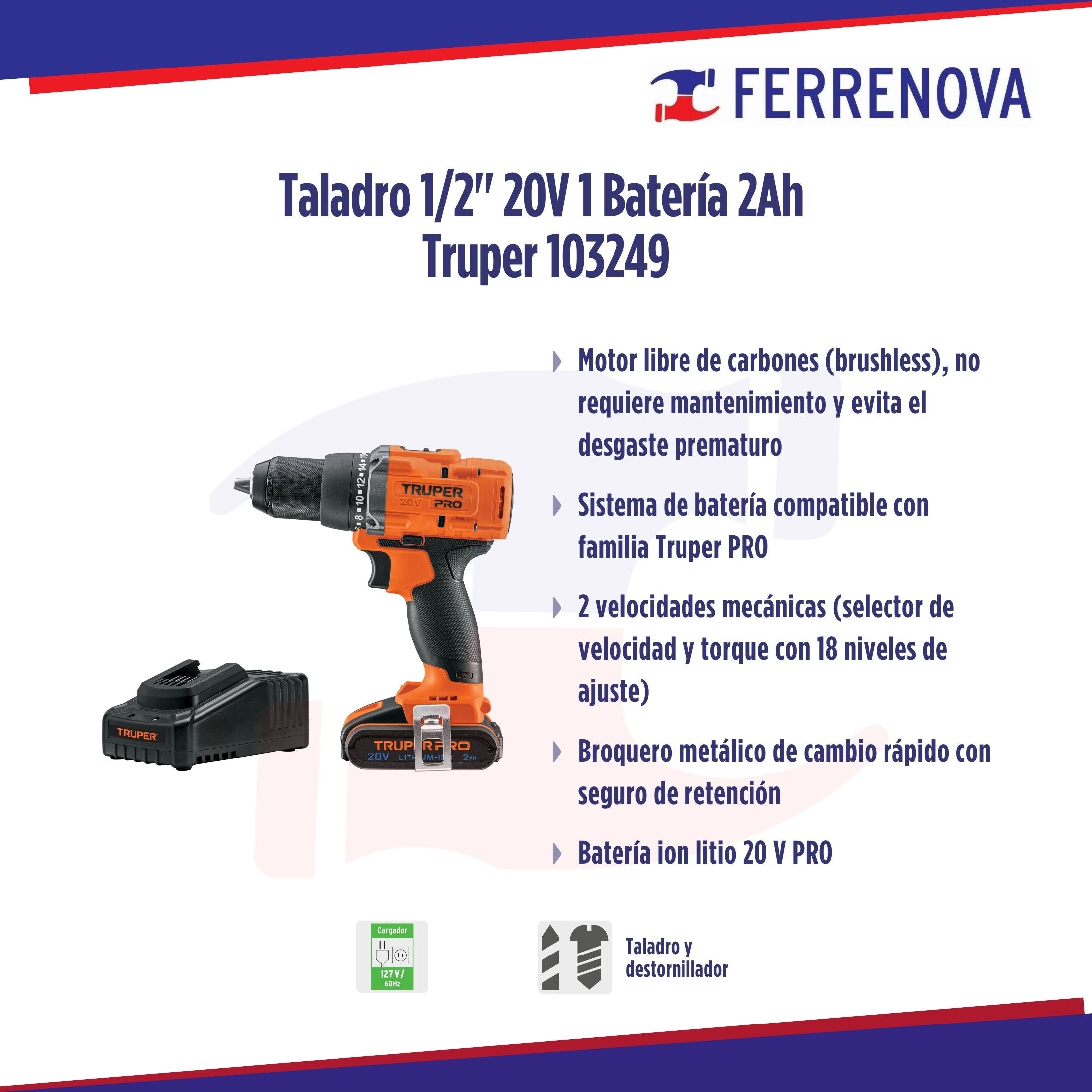 Taladro 1/2" 20V 1 Batería 2Ah  Truper 103249