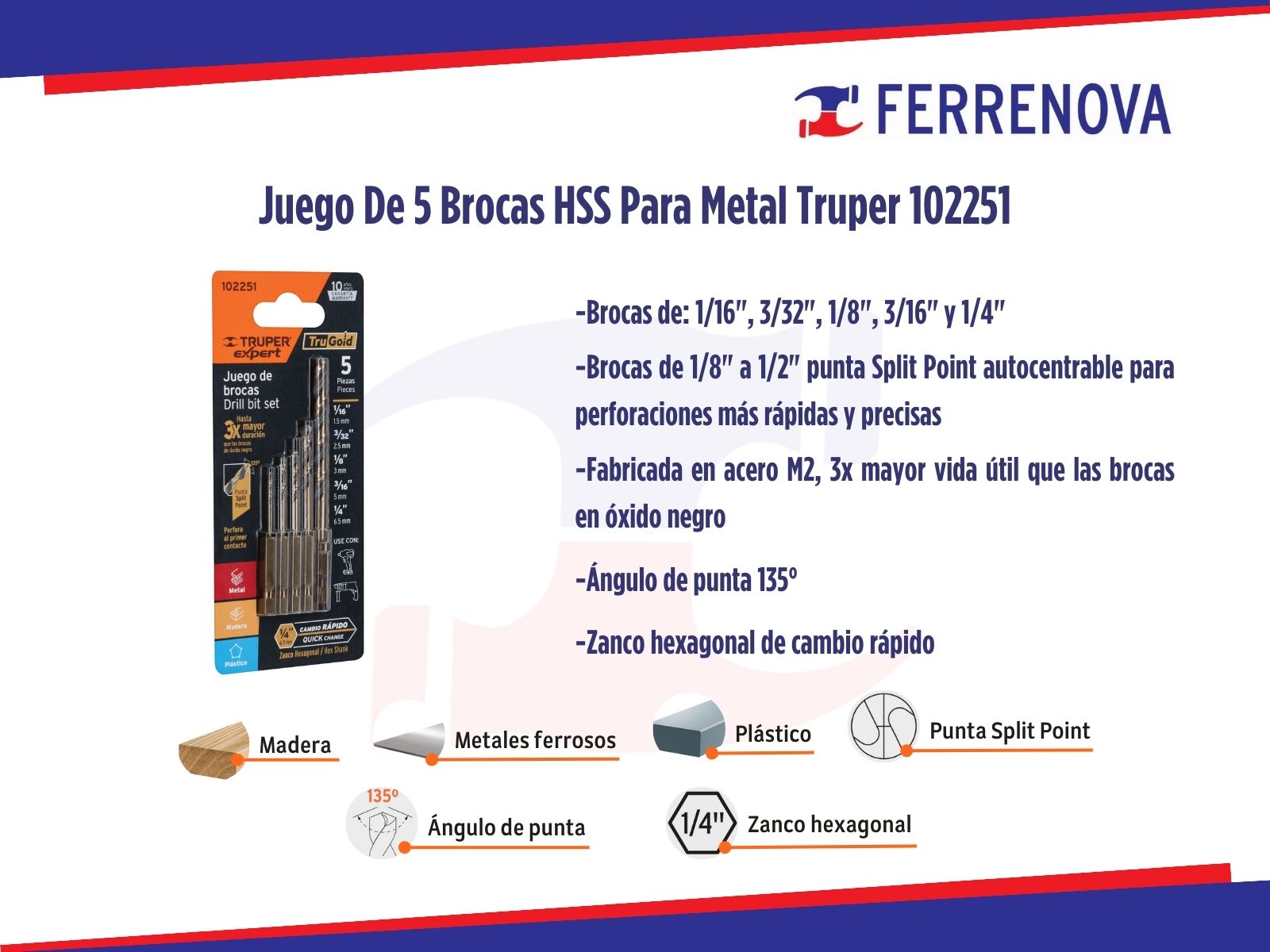 Juego De 5 Brocas HSS Para Metal Truper 102251