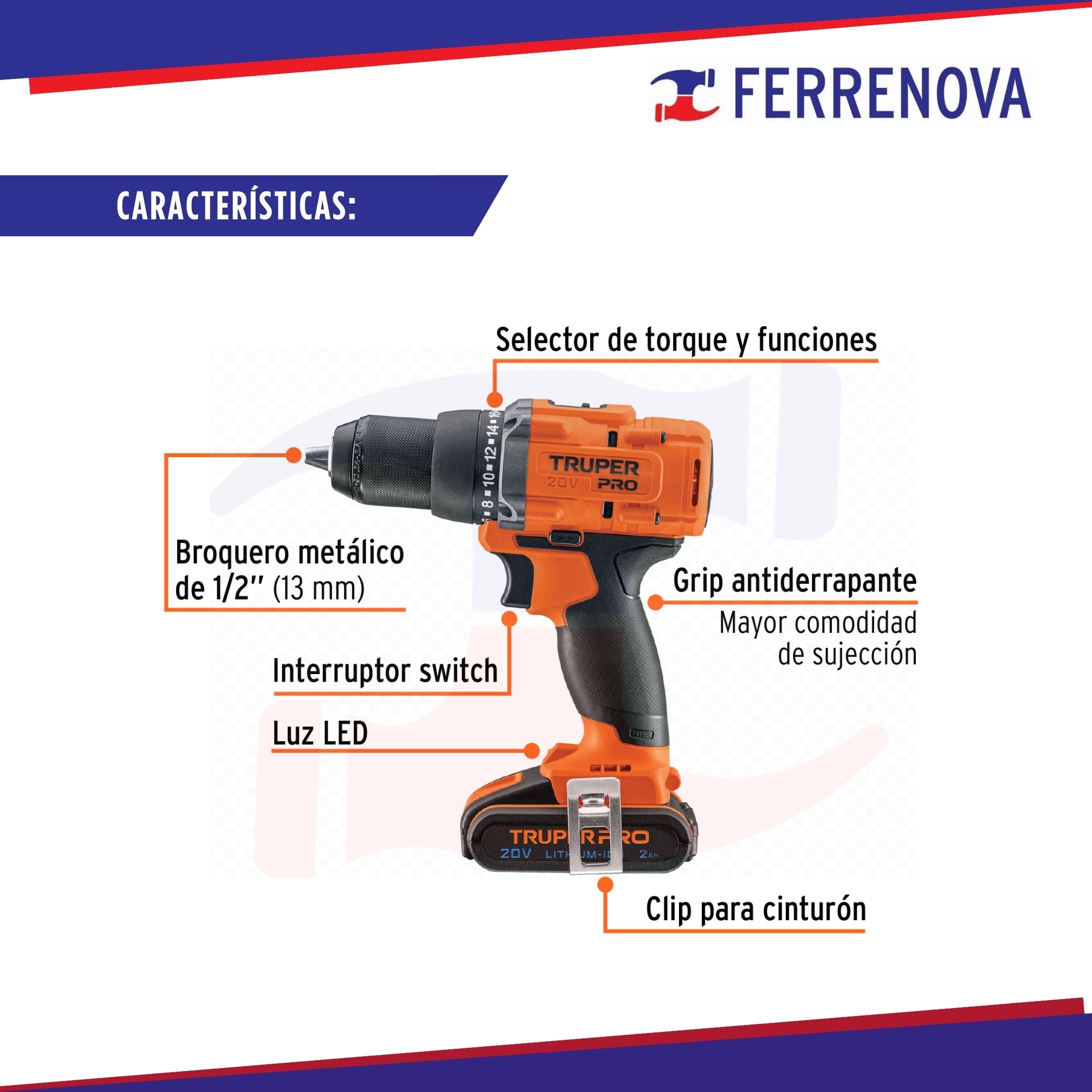 Taladro 1/2" 20V 1 Batería 2Ah  Truper 103249