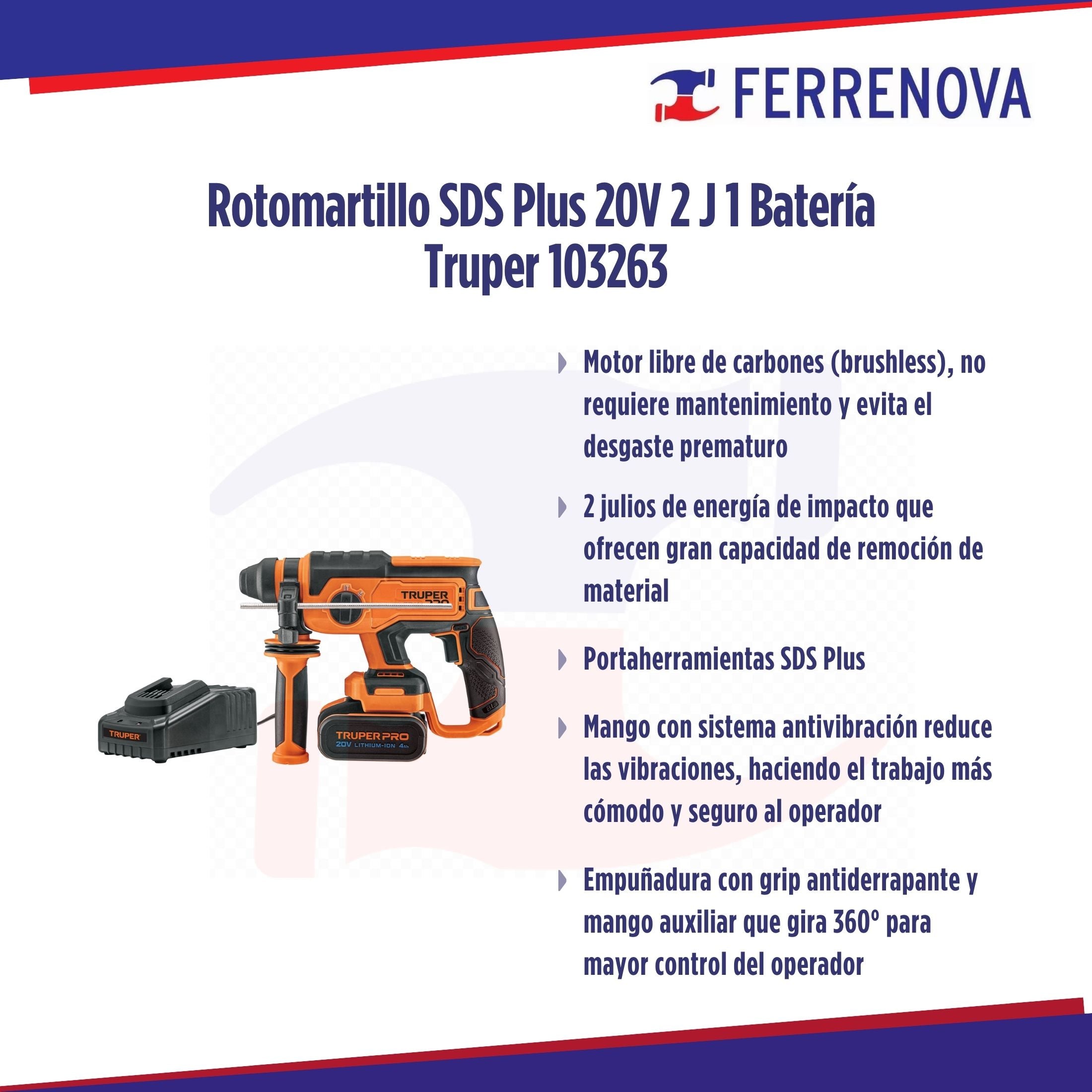 Rotomartillo SDS Plus 20V 2 J 1 Batería  Truper 103263