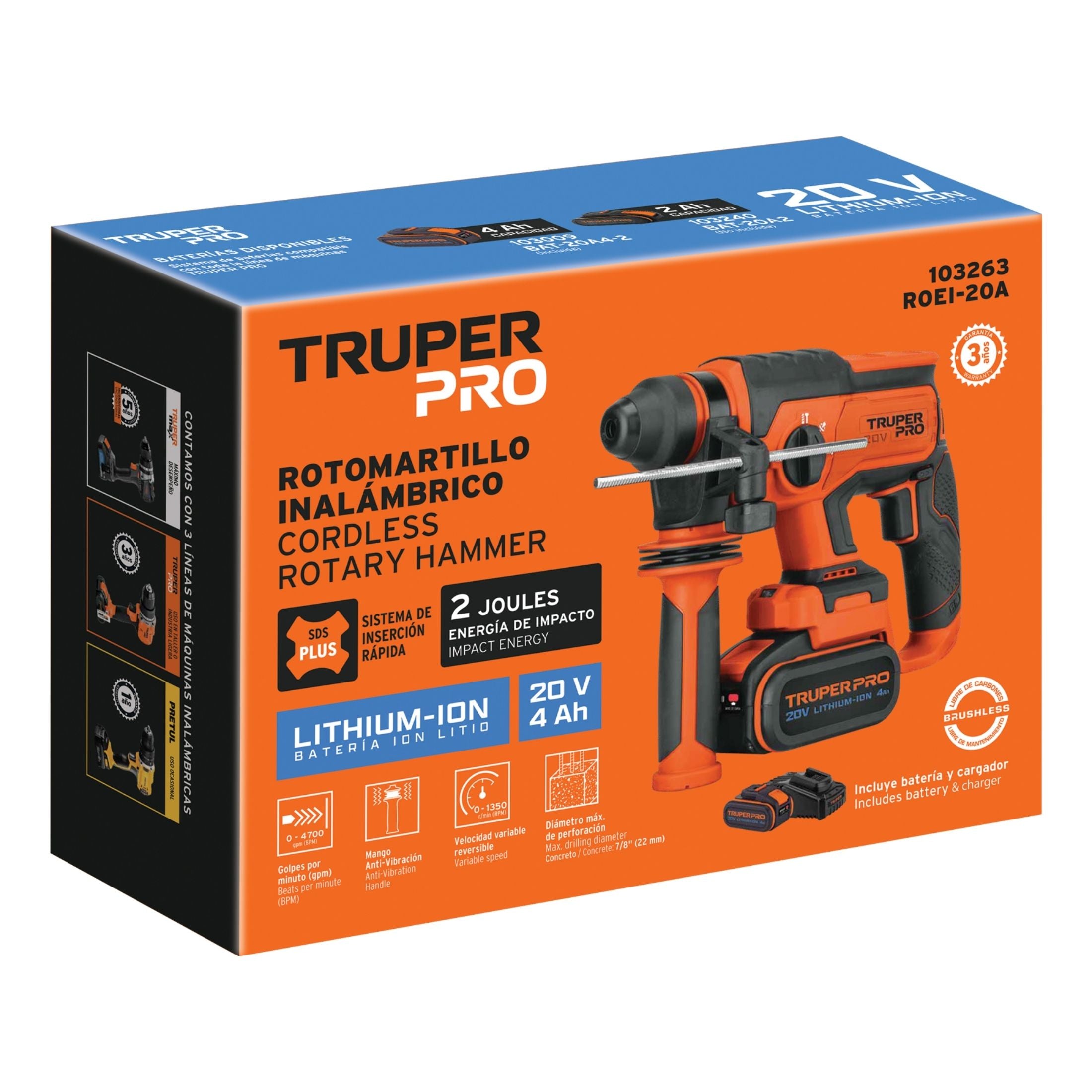 Rotomartillo SDS Plus 20V 2 J 1 Batería  Truper 103263