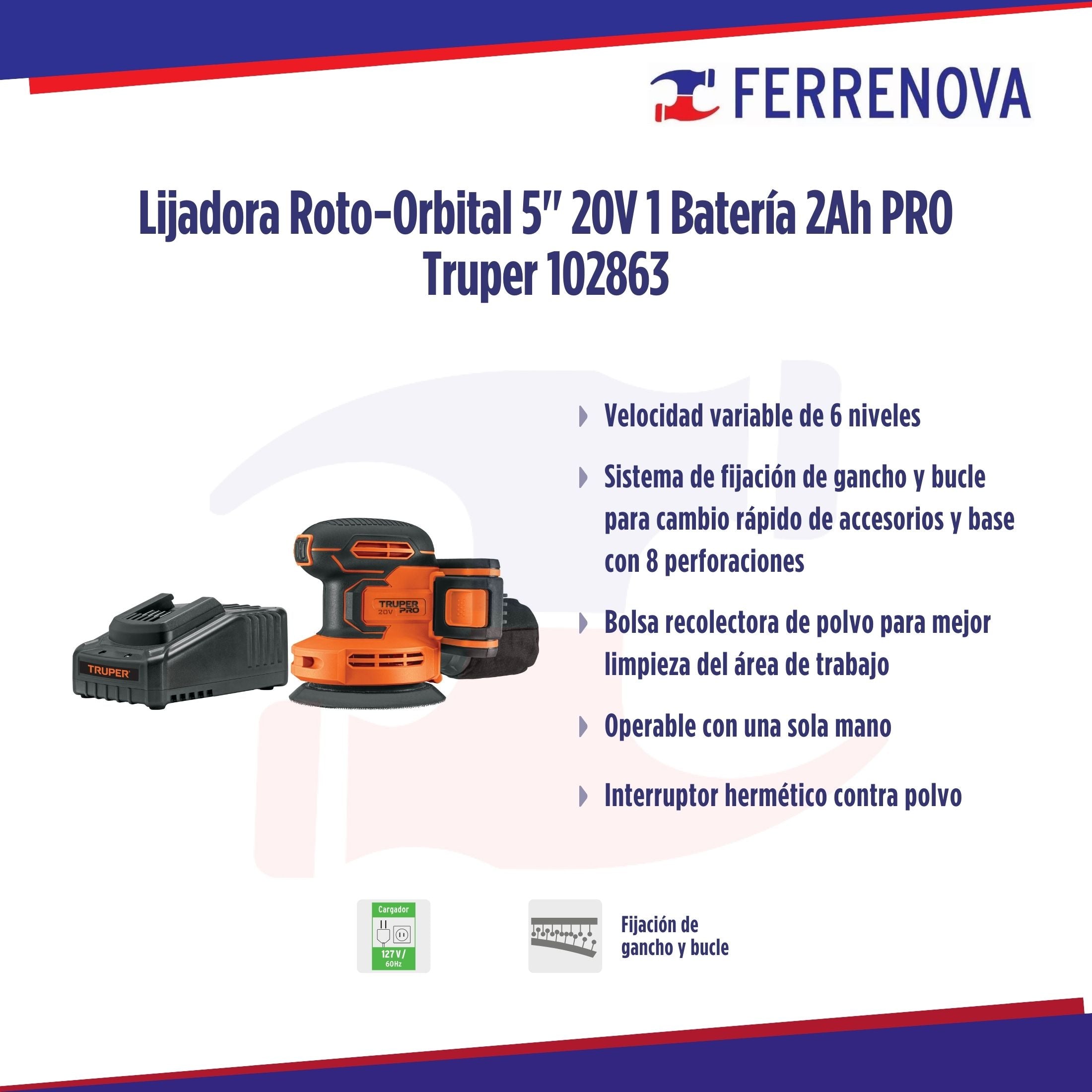 Lijadora Roto-Orbital 5" 20V 1 Batería 2Ah PRO Truper 102863