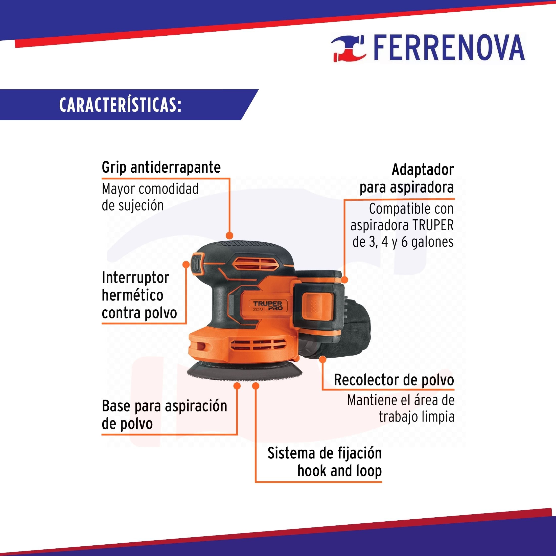 Lijadora Roto-Orbital 5" 20V 1 Batería 2Ah PRO Truper 102863