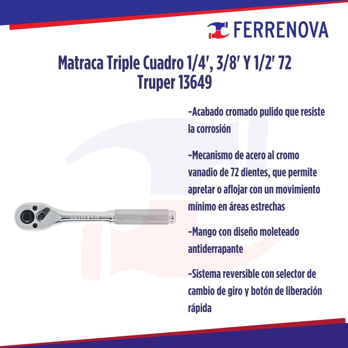 Matraca Triple Cuadro 1/4', 3/8' Y 1/2' 72 Truper 13649