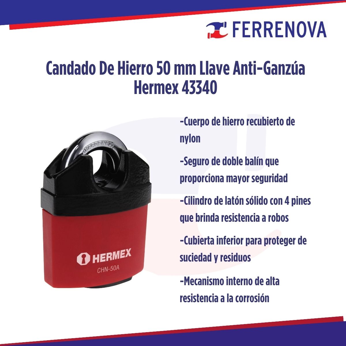 Candado De Hierro 50 mm Llave Anti-Ganzúa Hermex 43340