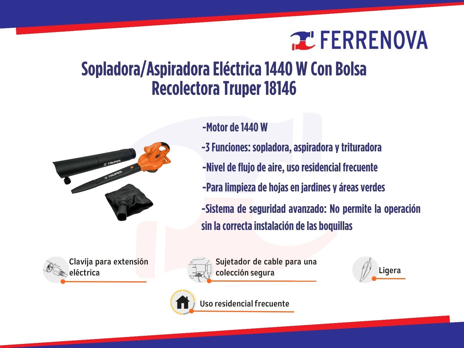 Sopladora/Aspiradora Eléctrica 1440W Con Bolsa Recolectora Truper 18146