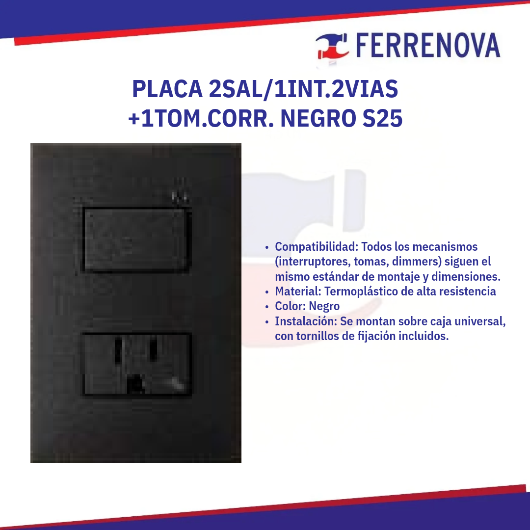 Placa 2 Salidas 1 Interior 2 Vías +1 Toma corriente Negro 25263-098 S25 Simon