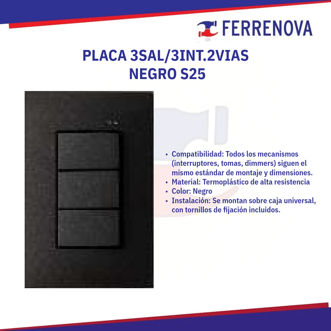 Placa 3 Salida 3 Interiores 2 Vías Negro 2500265-098 S25 Simón