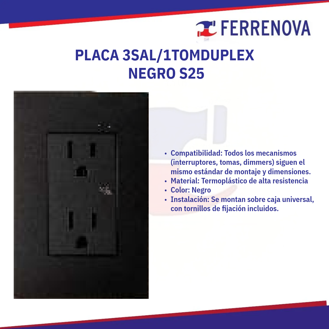 Placa 3 Salidas 1 Toma Dúplex Negro 25424-068 S25 Simon