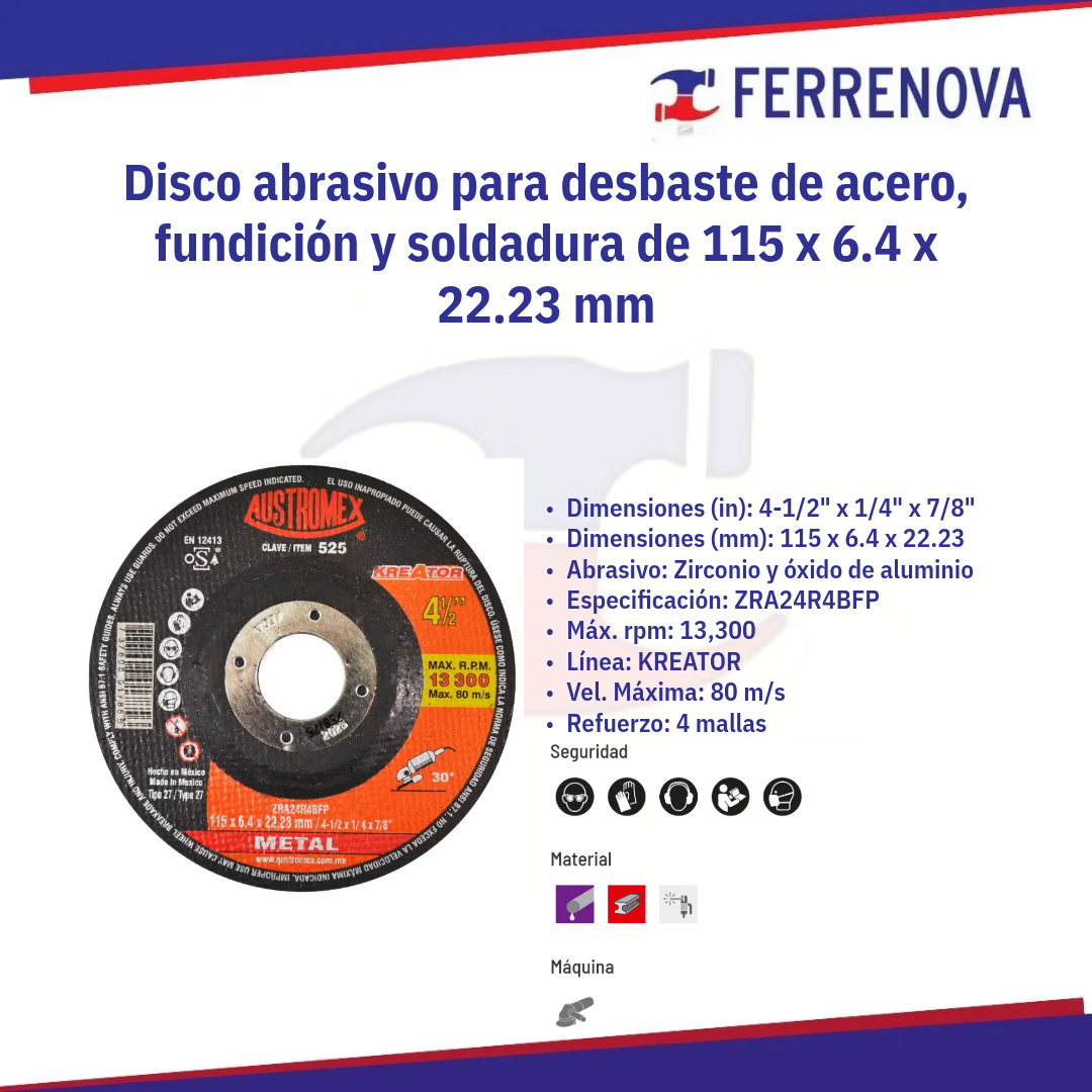 Disco Desbaste 4 1/2" 525 1/4X7/8 Austromex