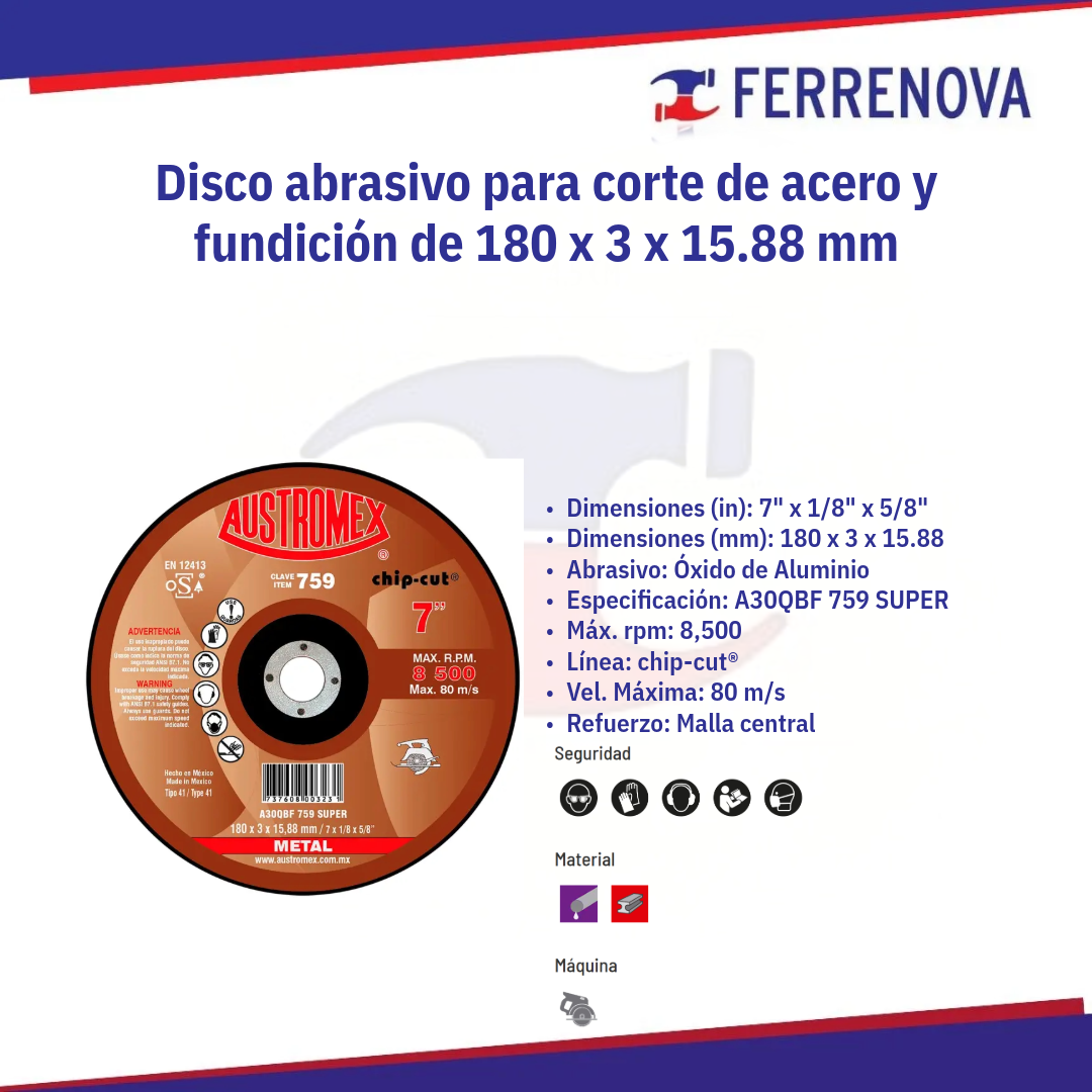 Disco Corte Metal 759 180X3X15.88 Austromex