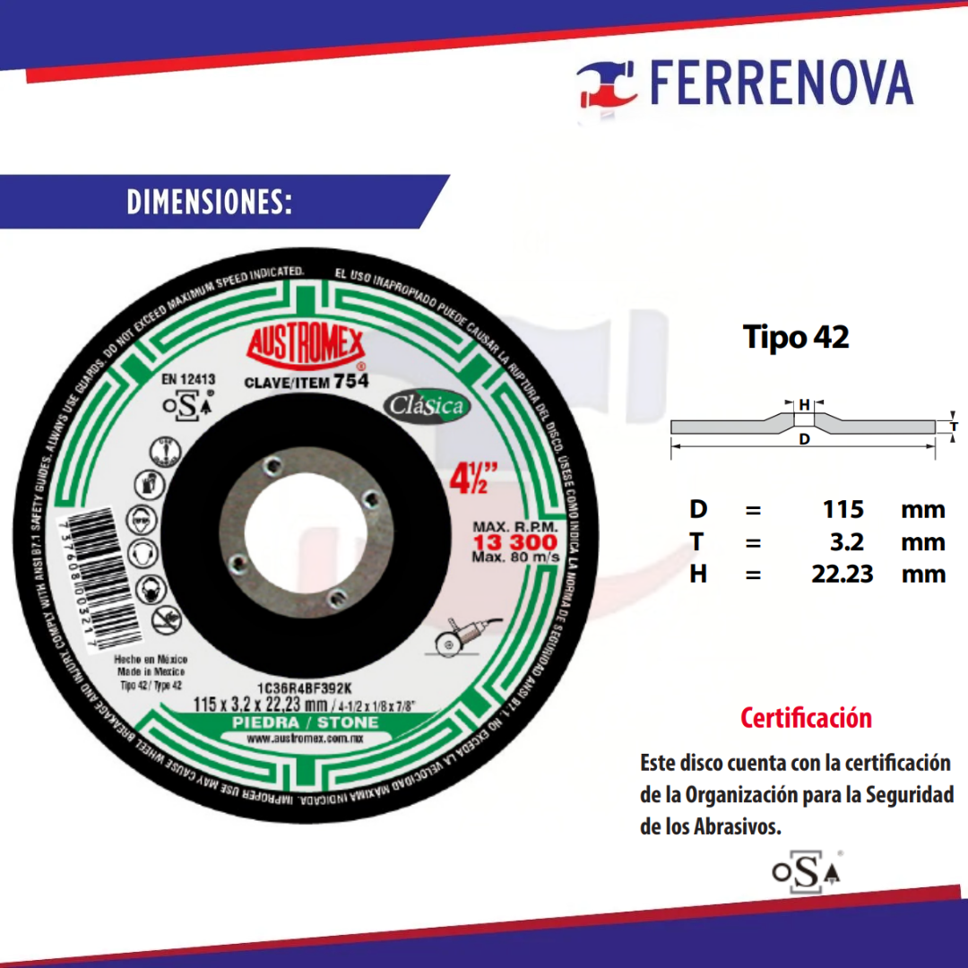 Disco C/Piedra 41/2"X1/8 754 Clasic Austromex