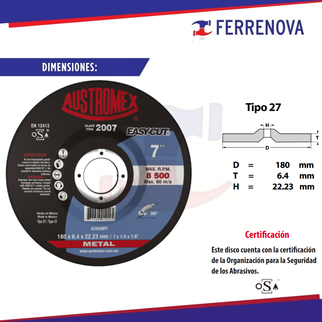 Disco Tipo 27 2007 Desbaste Metal 7" Austromex