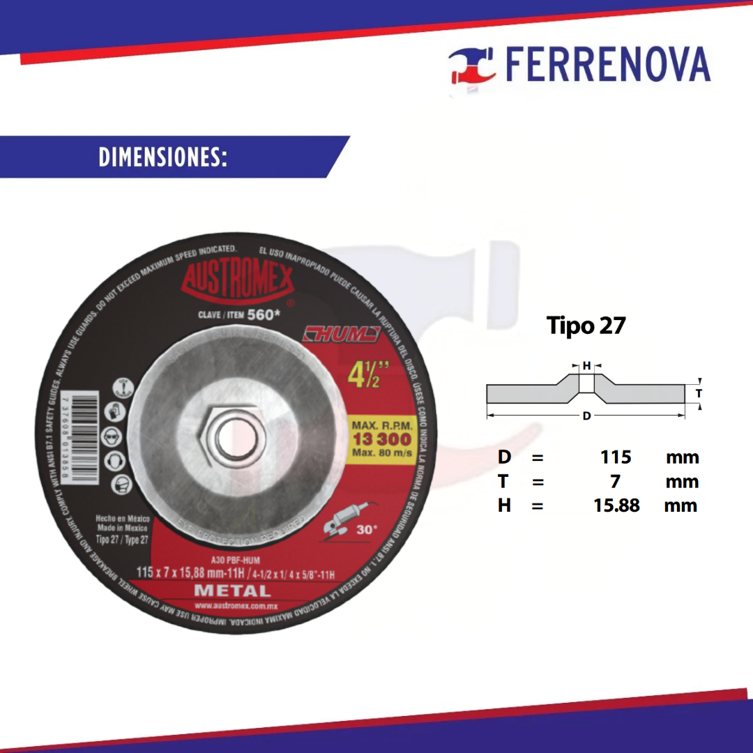 Disco Desbaste Metal 41/2X1/4 -560 Hum Austromex