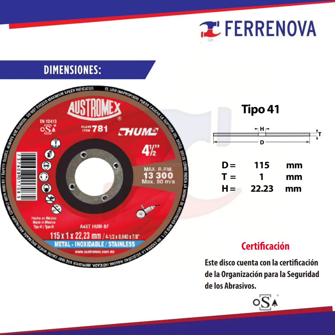 Disco Corte Inox 781 41/2"X0.040"Hum Austromex