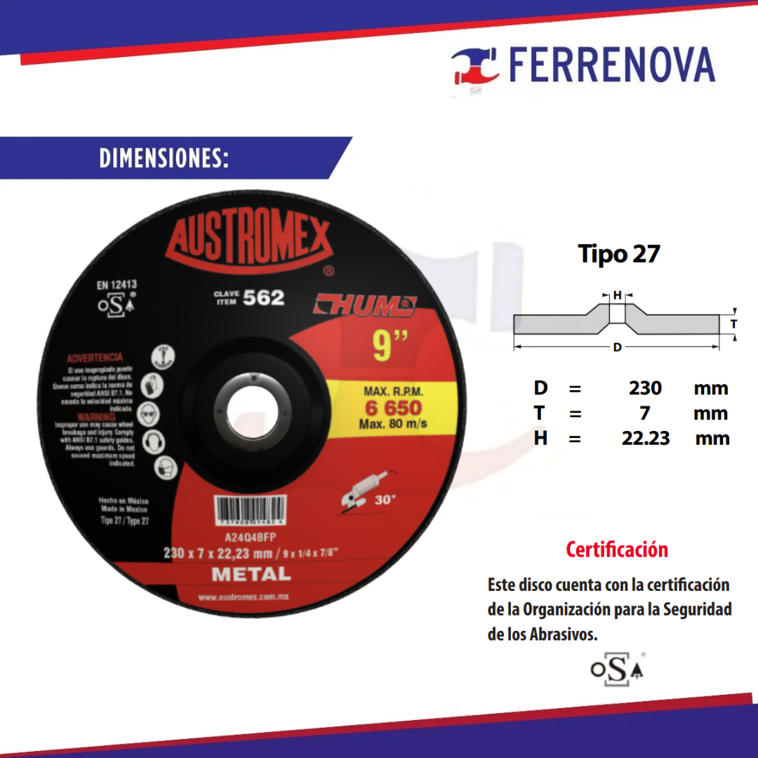 Disco Desb.Metal 9"X1/4 T42 562 Hum Austromex