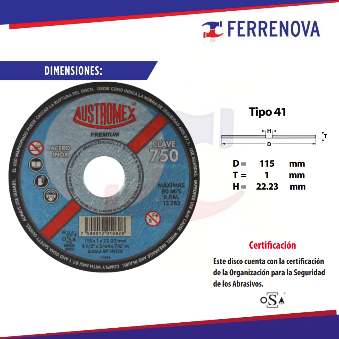 Disco Corte Inox 41/2X3/64 750 Austromex