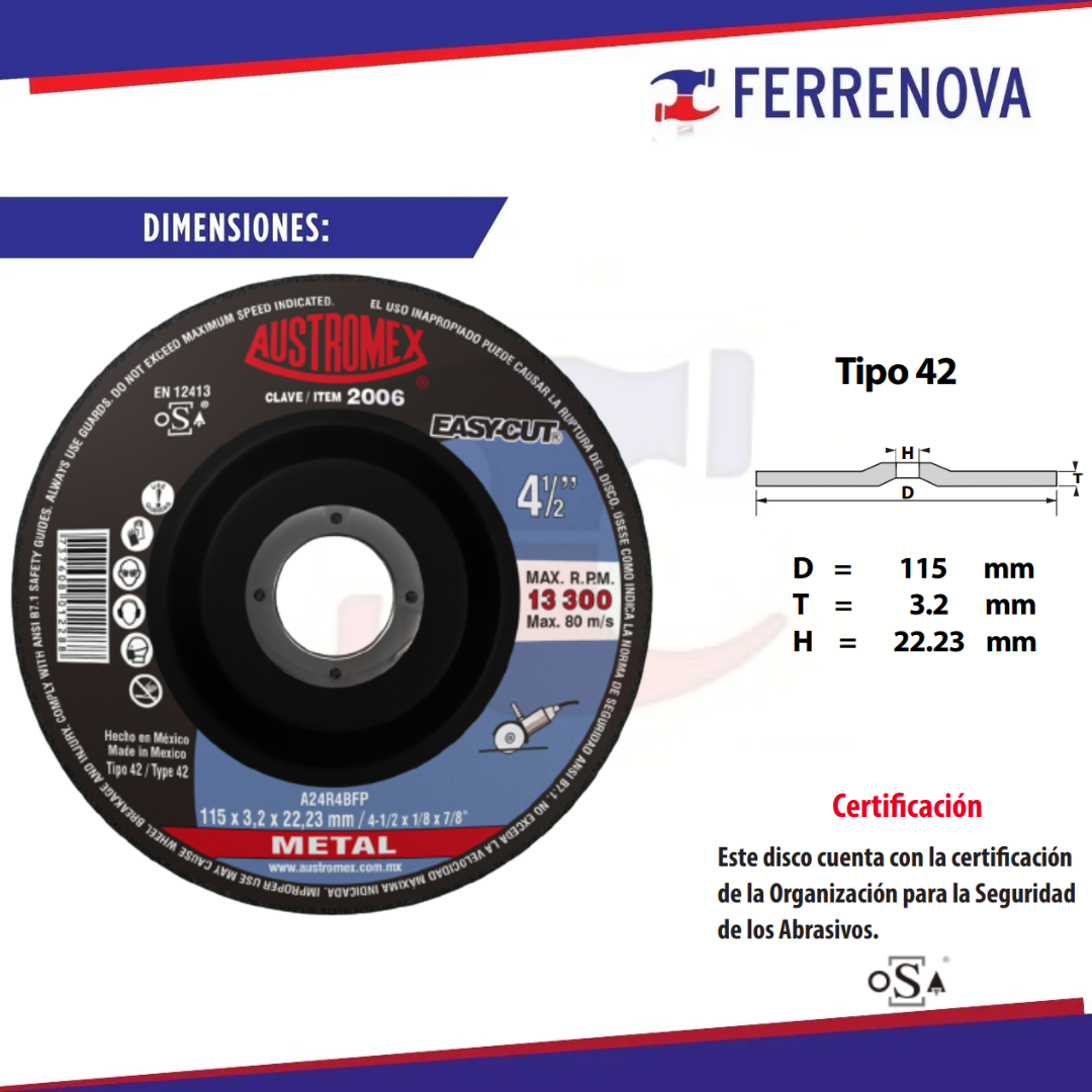 Disco Corte Metal 2006 Tipo 27 Austromex