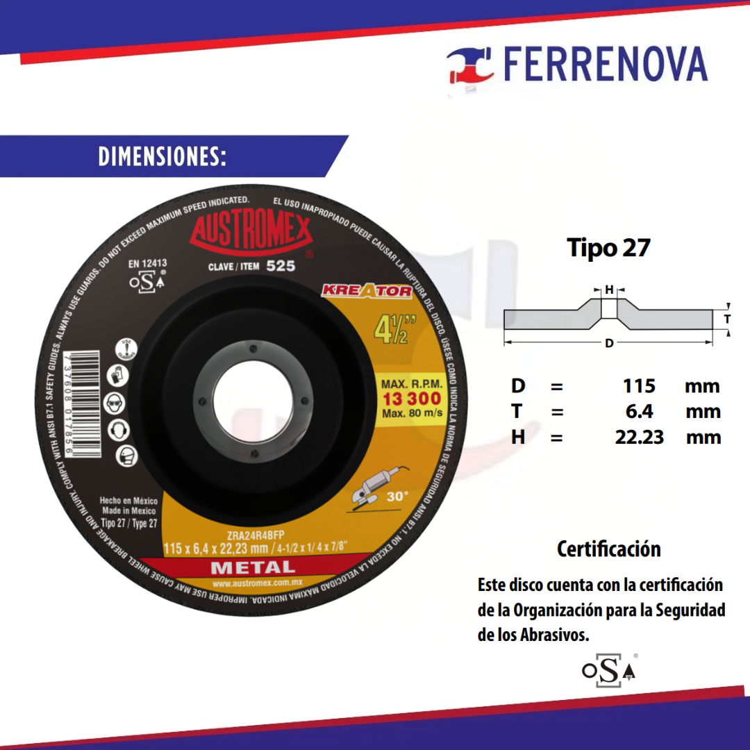 Disco Desbaste 4 1/2" 525 1/4X7/8 Austromex
