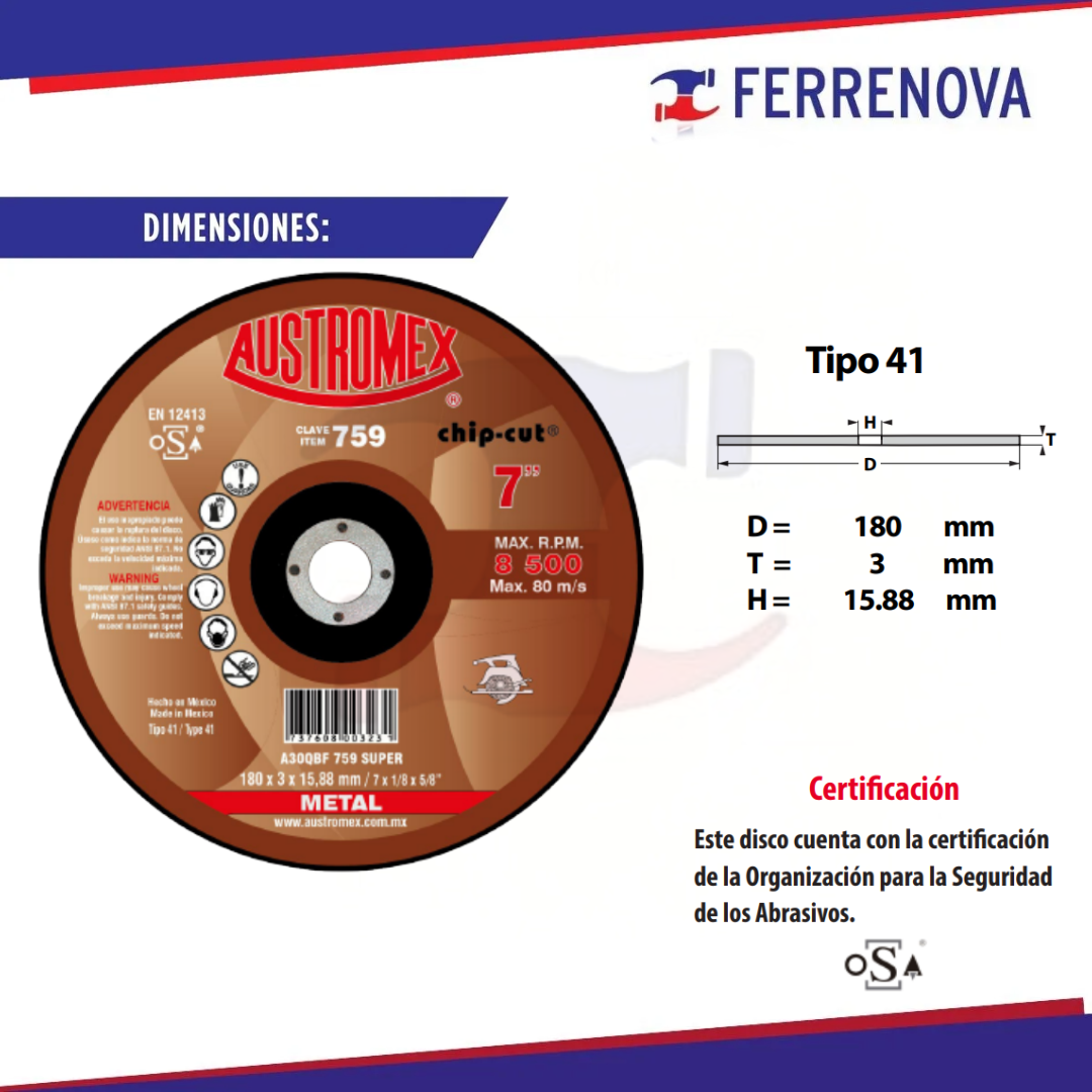 Disco Corte Metal 759 180X3X15.88 Austromex