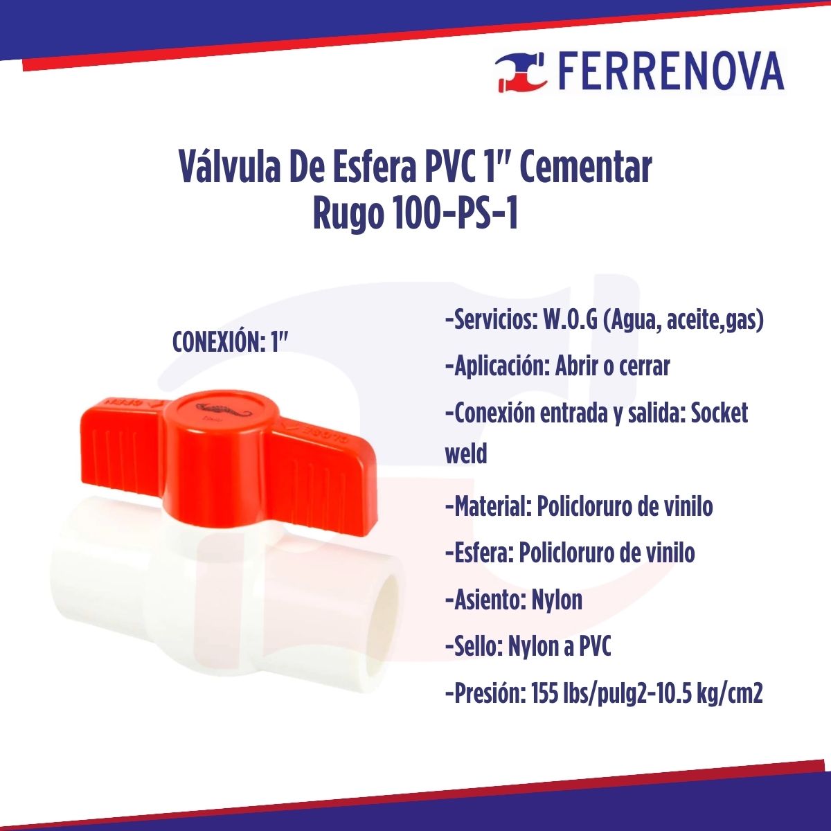 Válvula De Esfera PVC 1" Cementar Rugo 100-PS-1