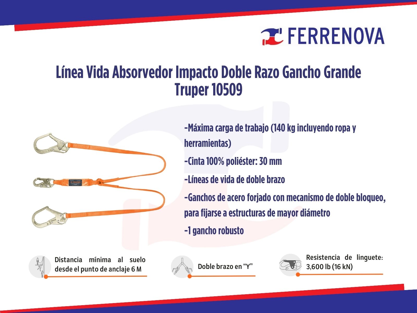 Línea Vida Absorbedor Impacto Doble Razo Gancho Grande Truper 10509