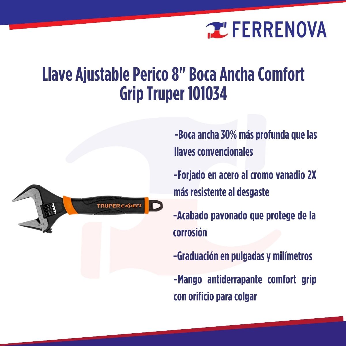 Llave Ajustable Perico 8" Boca Ancha Comfort Grip Truper 101034