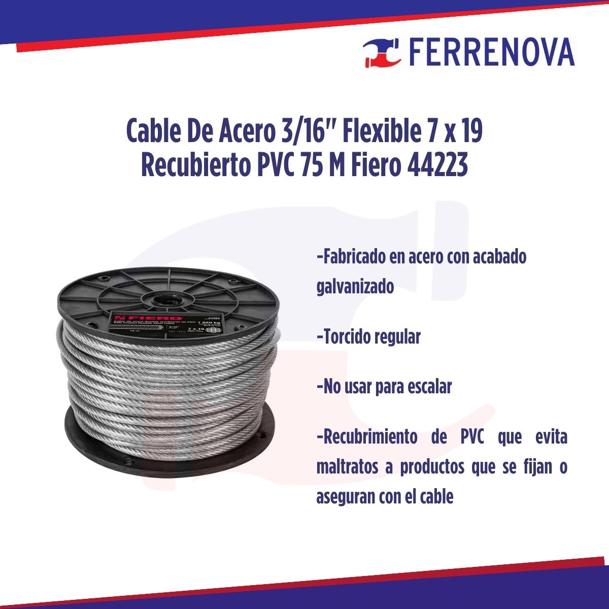 Cable De Acero 3/16" Flexible 7x19 Recubierto PVC 75 M Fiero 44223